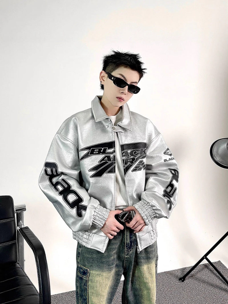 Embroidered PU Leather Oversized Jacket