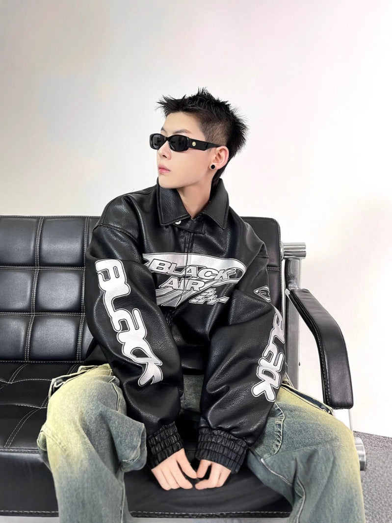 Embroidered PU Leather Oversized Jacket
