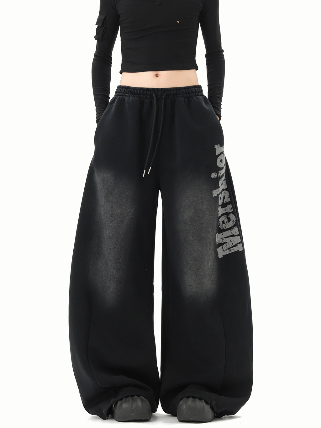 Black Washed Gradient Distressed Letter Scimitar Sweatpants for Women