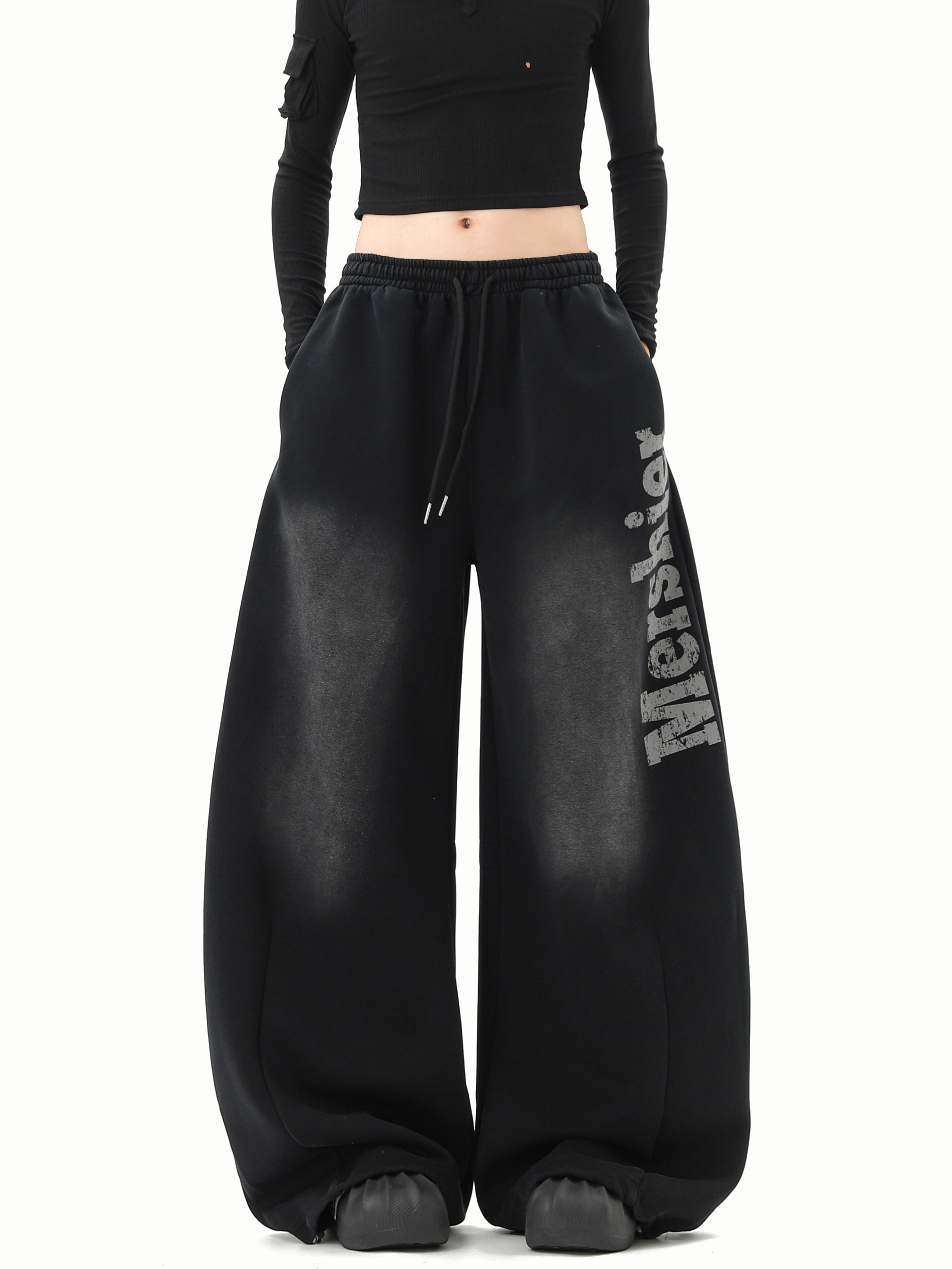 Black Washed Gradient Distressed Letter Scimitar Sweatpants for Women