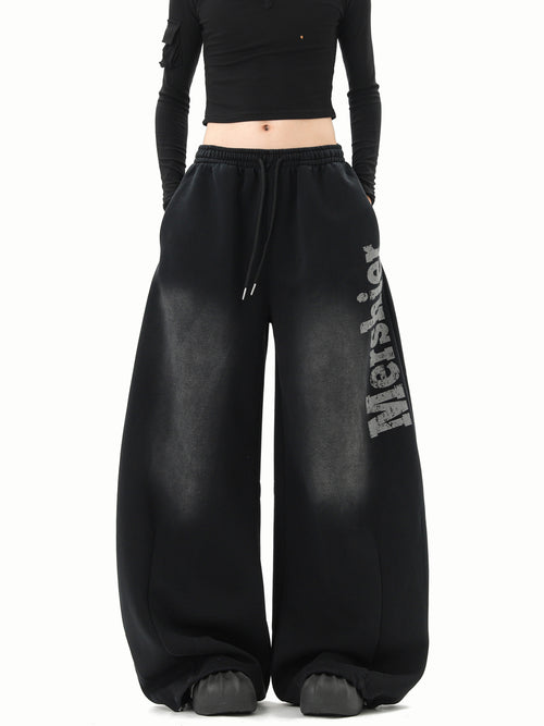 Black Washed Gradient Distressed Letter Scimitar Sweatpants for Women