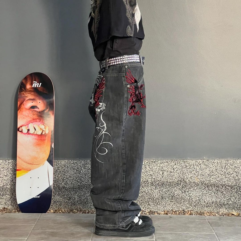 Gothic Print Wide Leg Jeans