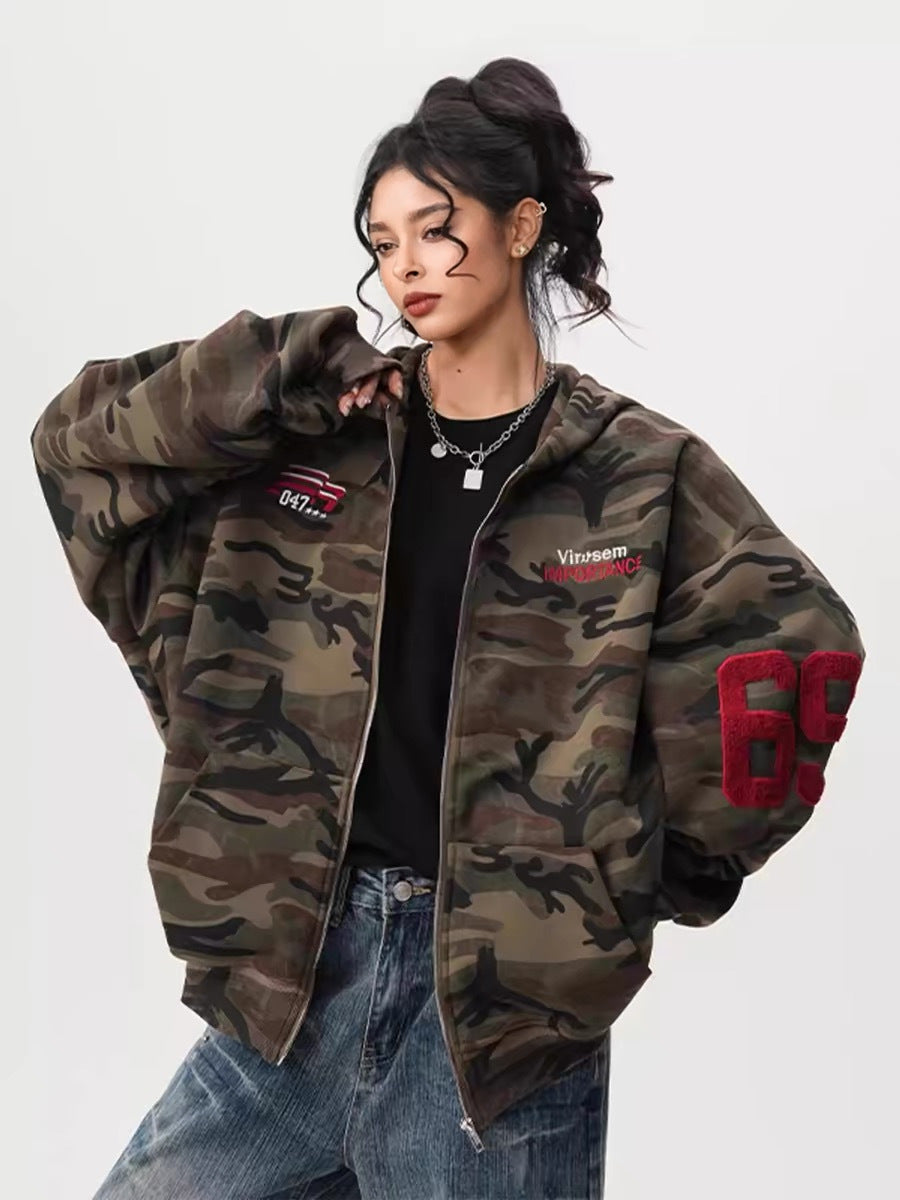 Camouflage Hooded Cardigan Unisex Streetwear