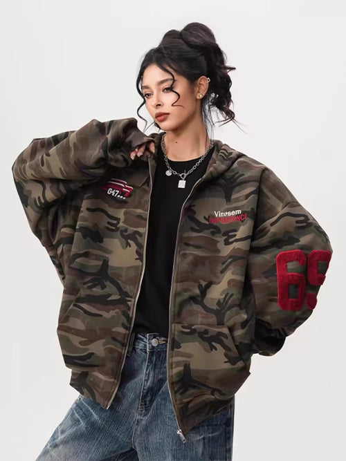 Camouflage Hooded Cardigan Unisex Streetwear