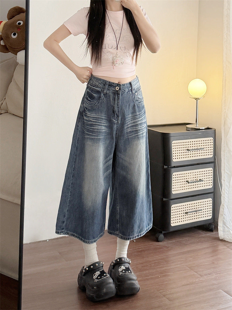 Womens Wide-Leg Cropped Denim Jeans
