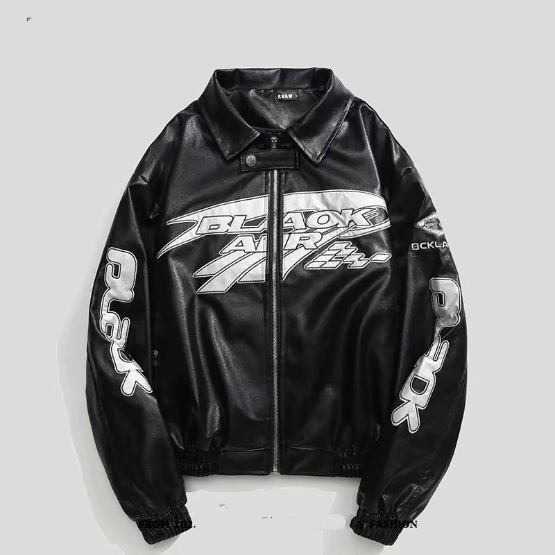Embroidered PU Leather Oversized Jacket