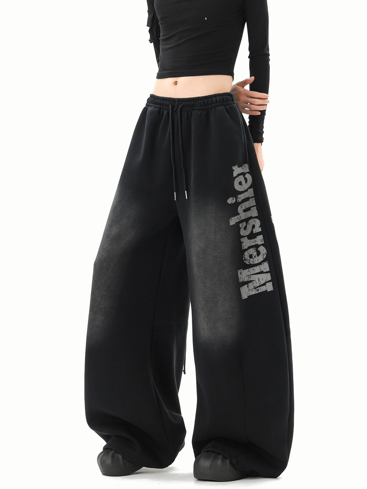 Black Washed Gradient Distressed Letter Scimitar Sweatpants for Women