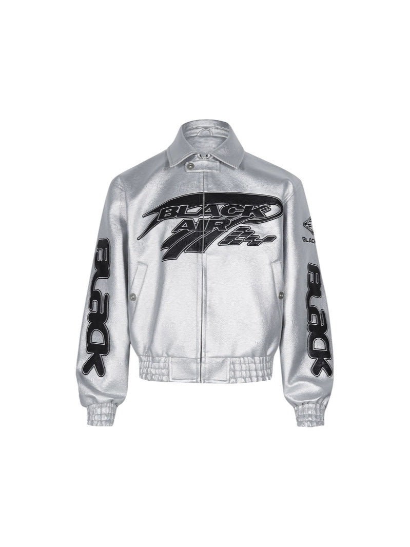 Embroidered PU Leather Oversized Jacket