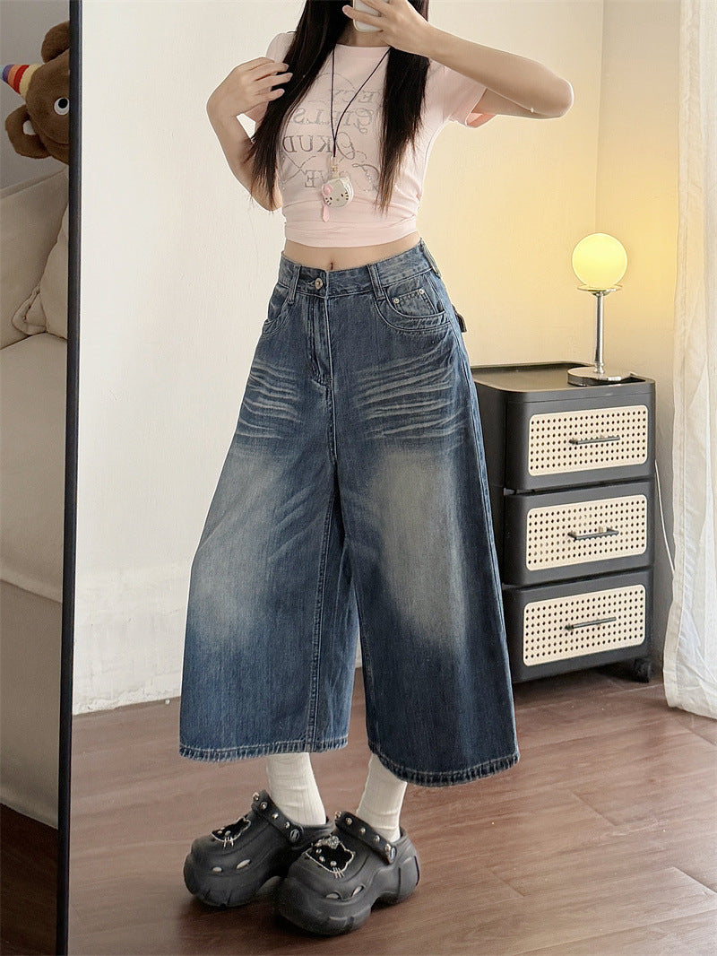 Womens Wide-Leg Cropped Denim Jeans