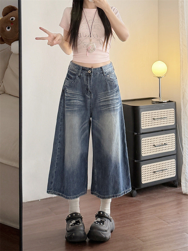 Womens Wide-Leg Cropped Denim Jeans