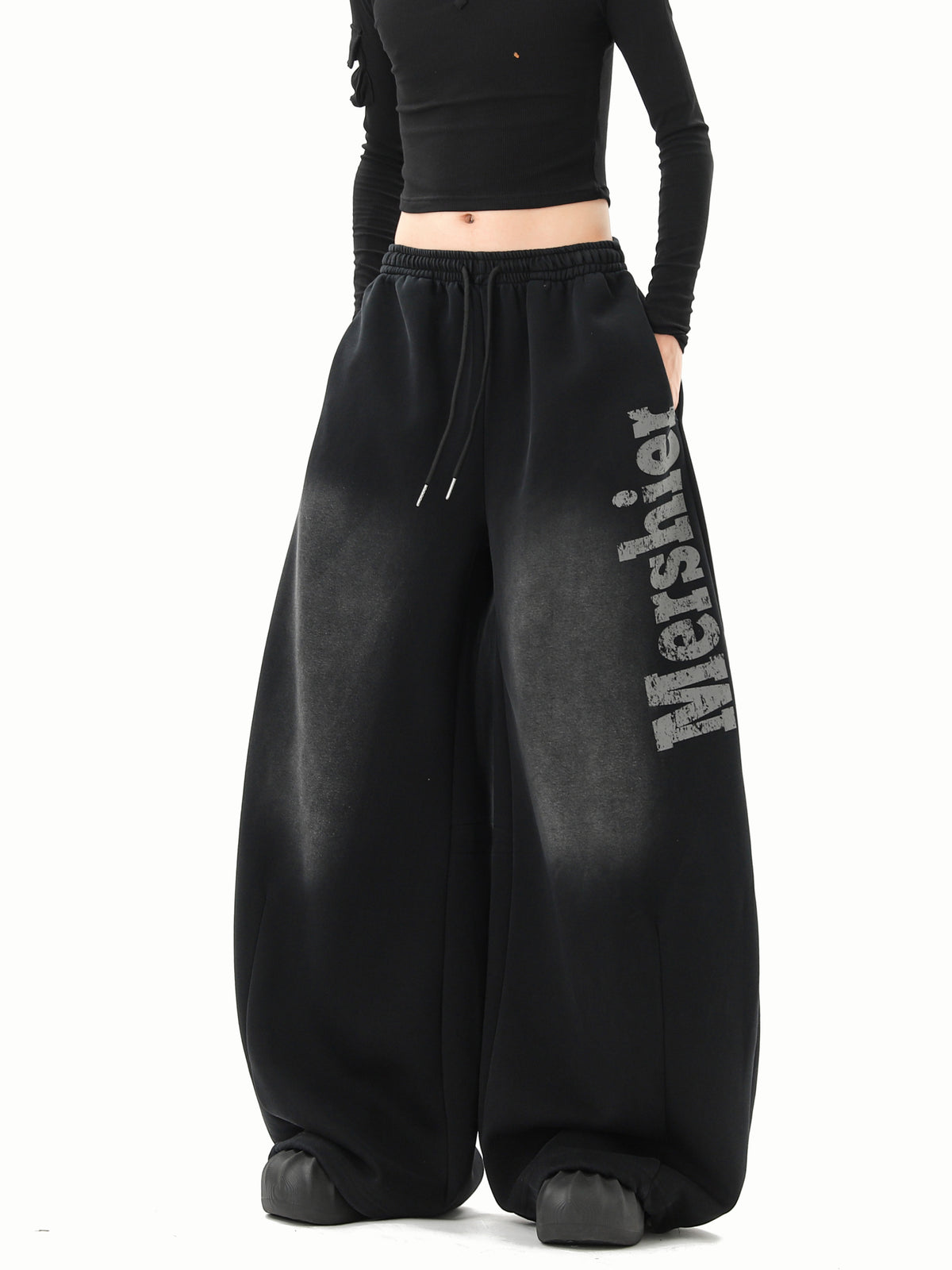 Black Washed Gradient Distressed Letter Scimitar Sweatpants for Women