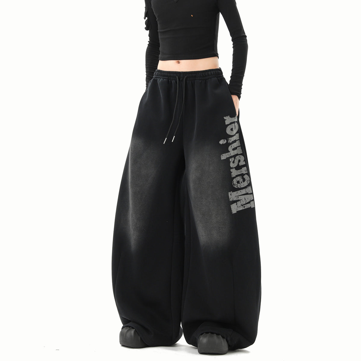 Black Washed Gradient Distressed Letter Scimitar Sweatpants for Women