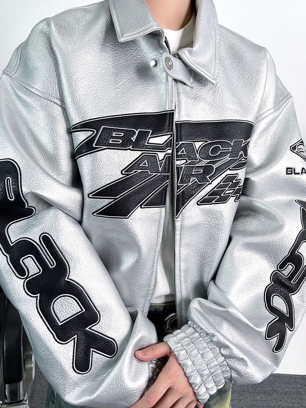 Embroidered PU Leather Oversized Jacket